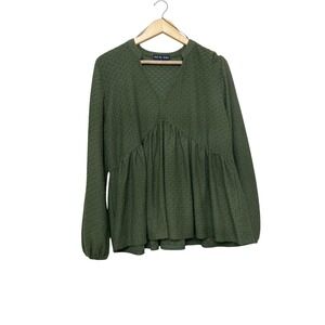 Kim & Cami Olive Green Textured Babydoll Peplum Long Sleeve Top Medium A2542